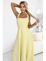 633-3 AURELIA dlouhé svatební šaty s rozparkem a výstřihem typu caro - máslově žluté s třpytkami