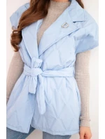 Dámská prošívaná vesta s páskem a širokým límcem modrá