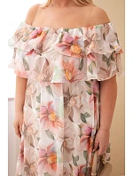 Dámské plus size maxi šaty s volánem off-shoulder a elastickým pasem béžové