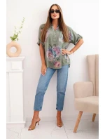 Dámská bavlněná halenka s květinovým vzorem khaki