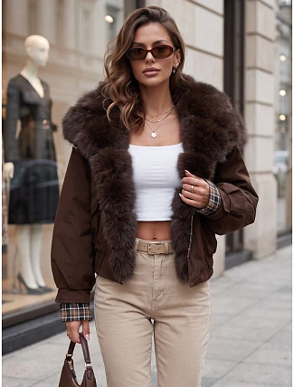 Krátká dámská bunda s odnímatelnou kožešinou, hnědá, FashionStreet TY5840 Krátká dámská bunda s odnímatelnou kožešinou, hnědá, FashionStreet TY5840