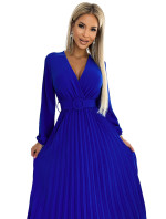 VIVIANA - Plisované dámské midi šaty v chrpové barvě s výstřihem, dlouhými rukávy a širokým opaskem 504-1