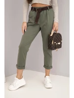 Dámské bavlněné kalhoty s páskem a ohrnutým lemem khaki