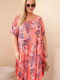 Dámské viskózové šaty Plus Size s krátkým rukávem a paisley střihem malinová