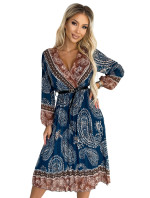 Plisované dámské midi šaty s výstřihem, dlouhými rukávy, černým opaskem a se světle modro-hnědým vzorem 510-1
