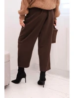 Dámské kalhoty s vysokým páskem a záhyby hnědé