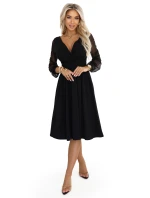 657-1 Elegantní midi šaty s obálkovým výstřihem a tylovými rukávy - černé