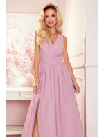 JUSTINE - Dlouhé dámské šaty v pudrově růžové barvě s výstřihem a zavazováním 362-3