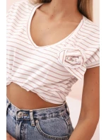 Dámská bavlněná tričko s pruhy a výstřihem do V camelová
