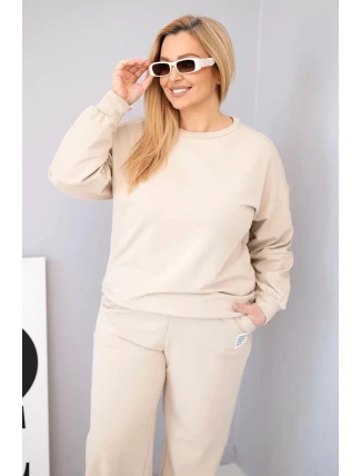 Dámský komplet Plus Size bavlněný s volnou mikinou a kalhotami s širokým nohavicí béžový