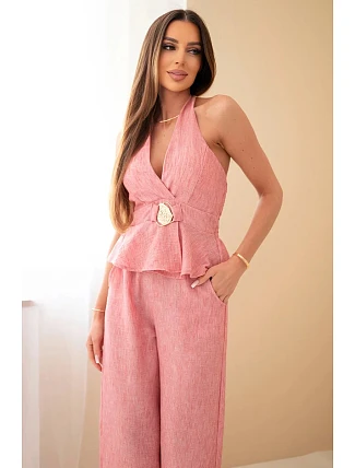 Dámský viskózový komplet vázaný top a kalhoty se širokou nohavicí tmavý pudrový růž