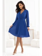 313-18 ISABELLE Elegantní plisované šaty s výstřihem a dlouhými rukávy - chrpově modré