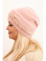 Dámská zimní čepice chlupatá s perlami a ozdobným vzorem tmavě pudrově růžová