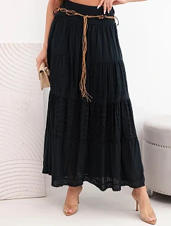 Dámská maxi bavlněná sukně s prolamovanou výšivkou a pružným pásem černá