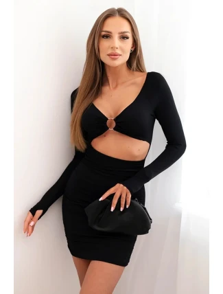 Dámské šaty s dlouhým rukávem a průstřihem v pase s ozdobným kruhem černý Dámské šaty s dlouhým rukávem a průstřihem v pase s ozdobným kruhem černý