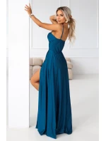 646-2 Dlouhé večerní šaty bez ramínek s rozparkem na nohou - námořnické barvy