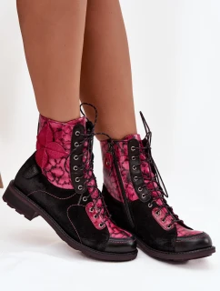 Kožené dámské boty z pravé kůže na nízkém podpatku Maciejka – černo-růžové