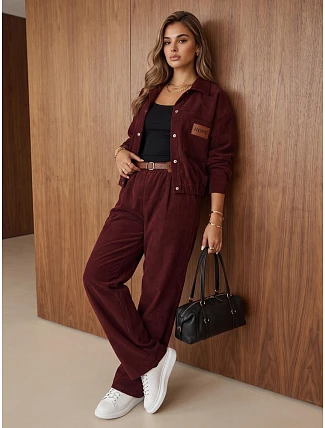 Dámská souprava z manšestru – bunda a kalhoty v bordó barvě, FashionStreet AY1220 Dámská souprava z manšestru – bunda a kalhoty v bordó barvě, FashionStreet AY1220