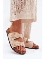 Háčkované dámské pantofle se zlatými přezkami béžové Fenira