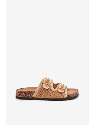 Dámské háčkované pantofle se zlatými přezkami – camel Fenira