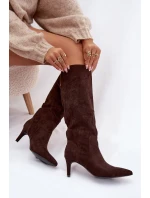 Dámské kozačky na jehlovém podpatku zateplené – čokoládové Arelisse