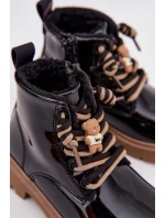 Zateplené dětské lakované kotníkové boty s přezkou medvěd černé Jovellea