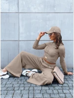Dámský komplet širokých kalhot a crop topu ASTRAL ALLURE tmavě béžový FashionStreet AY0905 Dámský komplet širokých kalhot a crop topu ASTRAL ALLURE tmavě béžový FashionStreet AY0905