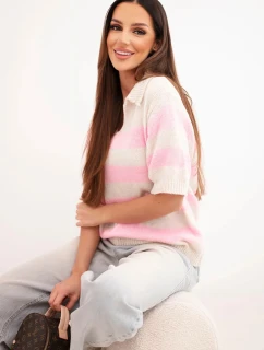 Dámský pruhovaný svetr s límečkem a krátkým rukávem béžový