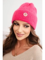 Dámská zimní čepice huňatá s ozdobným knoflíkem růžová neon