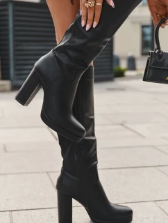 Dámské Kozačky Do Kolena Na Podpatku Eko Kůže Černé Thalina