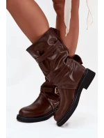 Vlněné dámské kozačky do poloviny lýtka s pásky a přezkami hnědé Halvessa