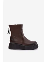 Dámské kotníkové boty Zazoo na platformě z pravé kůže – čokoládové
