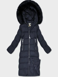 Tmavě modrá dlouhá dámská zimní bunda s kapucí (7688BIG)