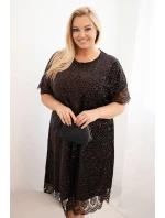 Dámská sukýnka Plus Size se štrasem a krajkovým zakončením hnědá