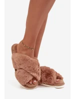 Dámské pantofle s kožíškem a proplétanými pásky Quenelle – camel