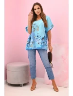 Dámská bavlněná košile s motýly a květinami tyrkys