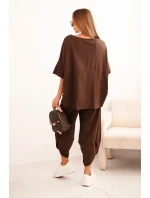 Komplet bavlněný tričko + kalhoty hnědý