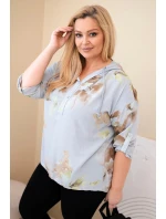 Dámská blůza Plus Size z viskózy s kapucí a květinovým vzorem šedá