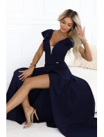 660-1 Elegantní maxi šaty s volánky, hlubokým výstřihem a rozparkem na nohou - tmavě modré