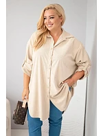 Dámská košile Plus Size z viskózy manšestrová s odepínacími rukávy béžová Dámská košile Plus Size z viskózy manšestrová s odepínacími rukávy béžová