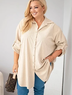 Dámská košile Plus Size z viskózy manšestrová s odepínacími rukávy béžová