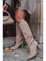 Dámské zateplené kozačky na podpatku s ozdobnými detaily Lucinda – béžové