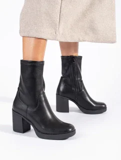 Designové dámské černé kotníčkové boty na širokém podpatku
