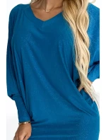 402-3 Netopýří šaty s výstřihem - mořská barva s třpytkami