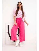 Dámský komplet z viskózy s pruhovanou blůzou a širokými kalhotami s gumou fuchsie