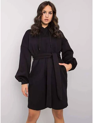 Mikinové oversize šaty s páskem černé (7253)