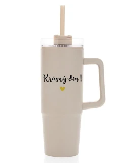 KRÁSNÝ DEN - béžový cestovní termohrnek s průhledným víčkem 900 ml