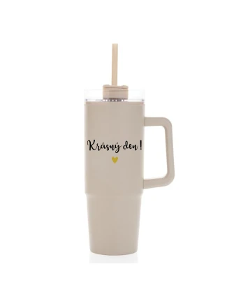 KRÁSNÝ DEN - béžový cestovní termohrnek s průhledným víčkem 900 ml  