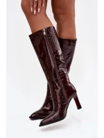Kožené lakované dámské kozačky na podpatku s vyhříváním D&A CR52-716 bordó