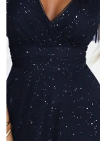 635-3 MELANIA dlouhé lesklé šaty s výstřihem a krátkými rukávy - tmavě modré 635-3 MELANIA dlouhé lesklé šaty s výstřihem a krátkými rukávy - tmavě modré